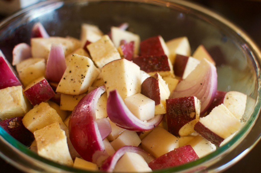 Traditional with a twist and incidentally Paleo: Japanese Sweet Potato, Rutabaga, and Red Onion