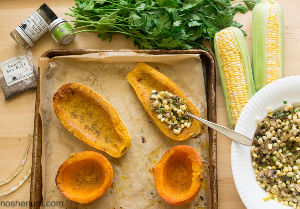 Nosherium Rosh HaShanah stuffed squash with corn, beans, and mushrooms