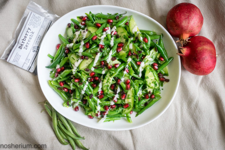 Nosherium Thanksgiving Pomegranate Barberry Green Beans - Vegan, dairy-free, easy