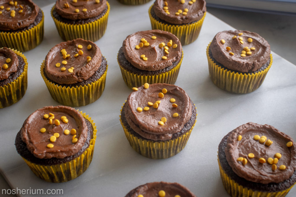 Nosherium Olive Oil Chocolate Cupcakes #WeeknightBakingBook Hanukkah Gold Coin Sprinkles