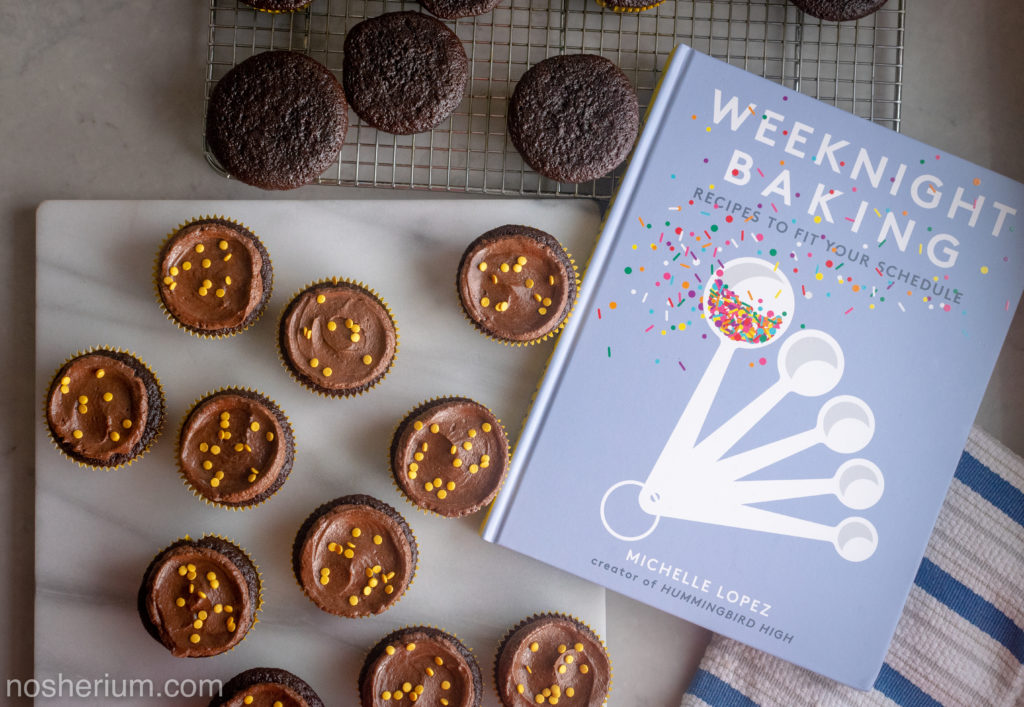 Nosherium Olive Oil Chocolate Cupcakes #WeeknightBakingBook Book Cover Flatlay