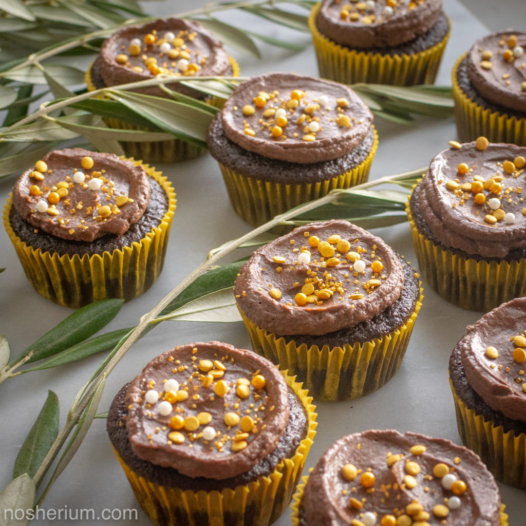 Nosherium Olive Oil Chocolate Cupcakes #WeeknightBakingBook Hanukkah Olive Leaves and Gold