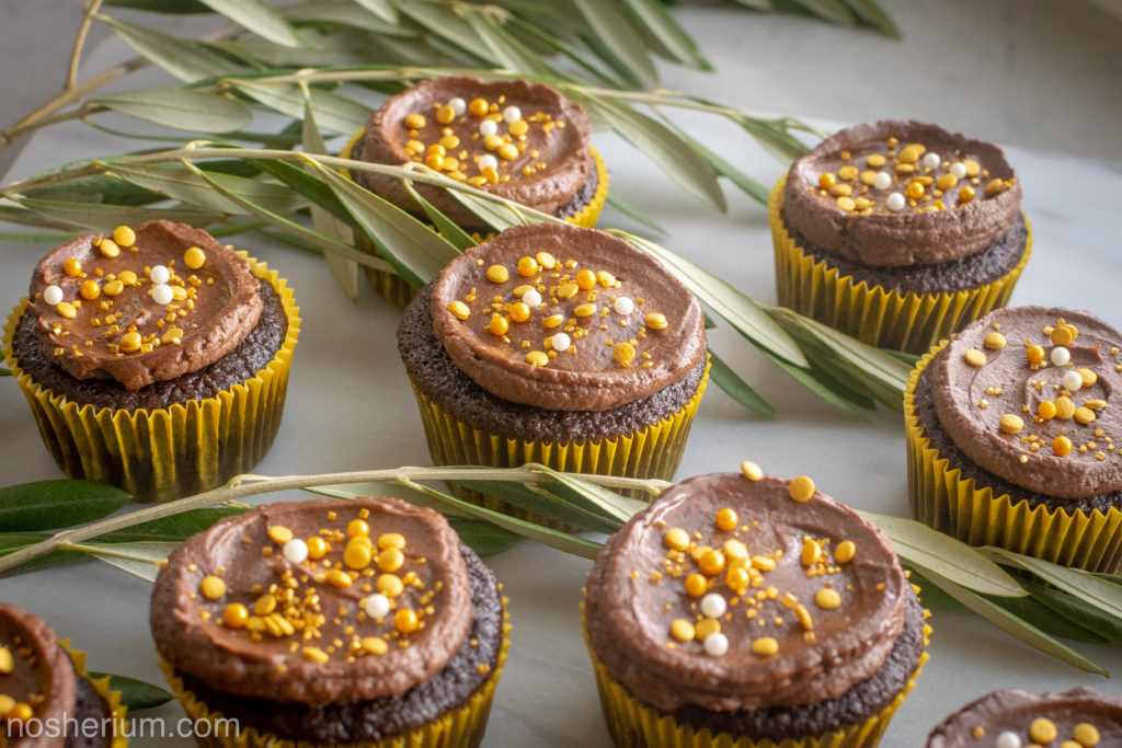 Nosherium Olive Oil Chocolate Cupcakes #WeeknightBakingBook Hanukkah Olive and Gold Decorations