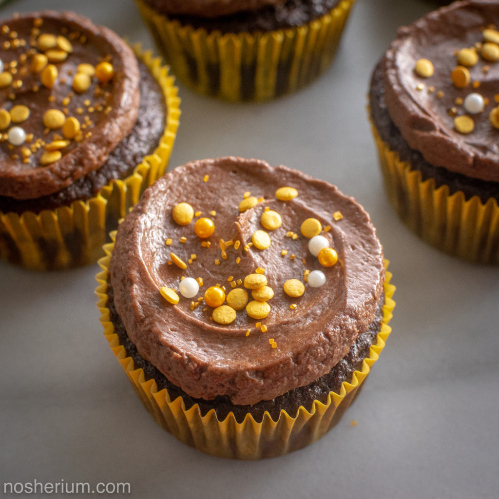 Nosherium Olive Oil Chocolate Cupcakes #WeeknightBakingBook Hanukkah Gold Decorations